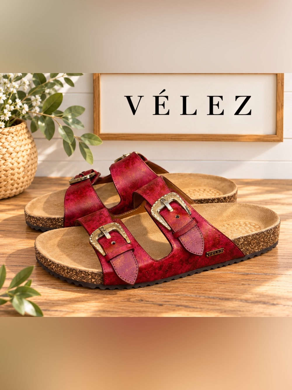 Vélez Leather Double-Buckle Sandals – Red & Gold – Size 38